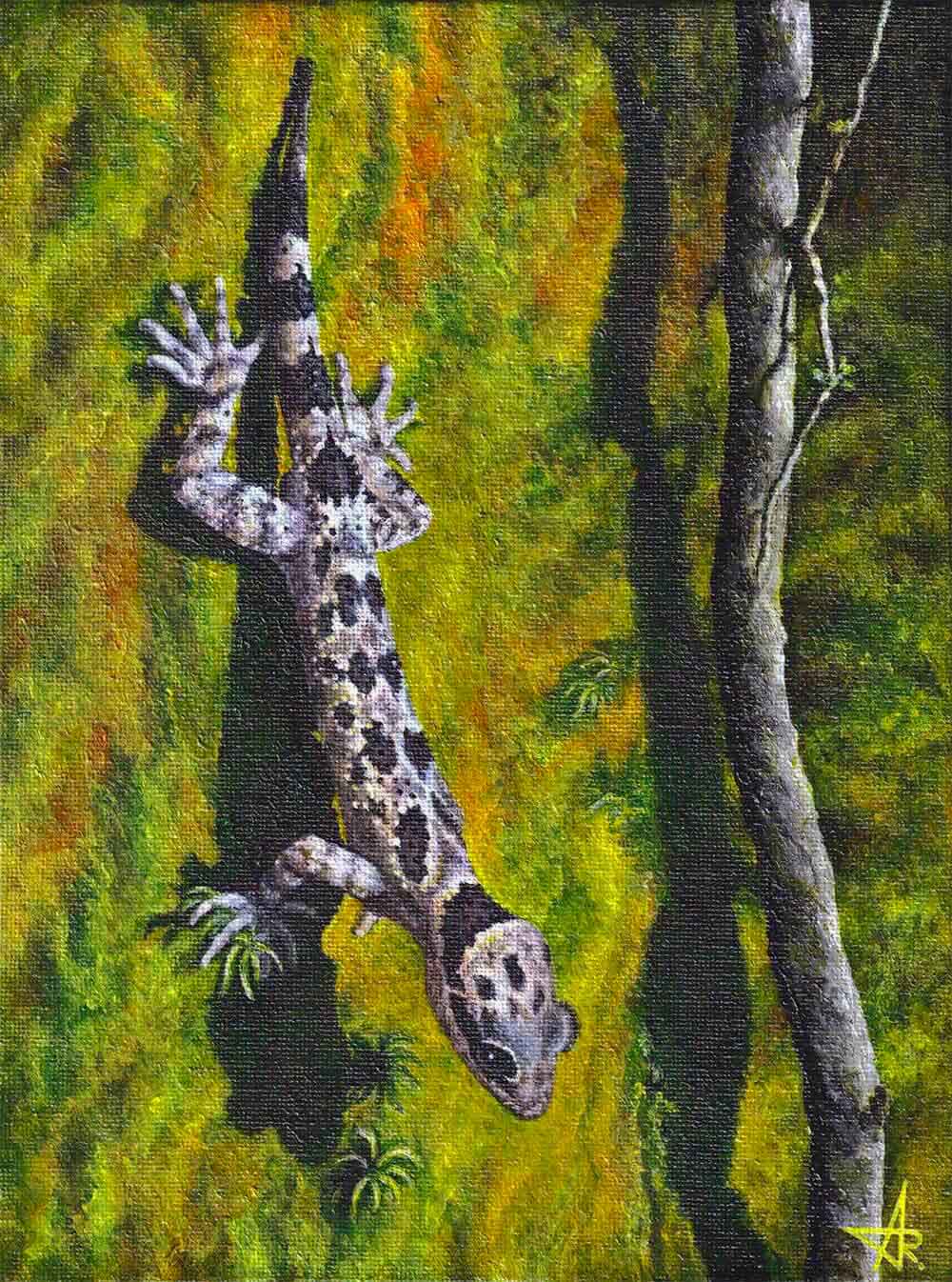 Mountain forest gecko (Cyrtodactylus bidoupimontis). 2022. Canvas on cardboard, acrylic., 24x18 cm