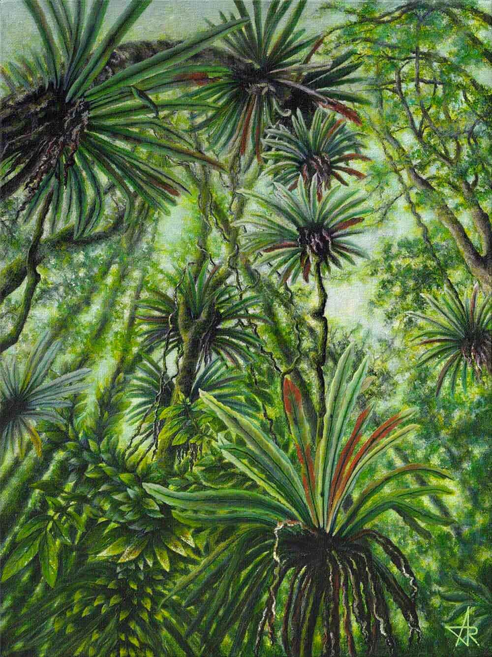 Forest of bird's-nest ferns (Asplenium nidus). 2023. Canvas on cardboard, acrylic, 40x30 cm